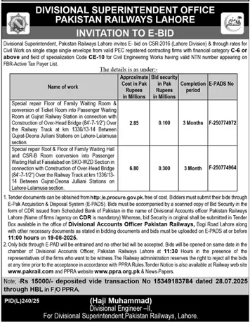 Pakistan Railways Lahore Tender Notice